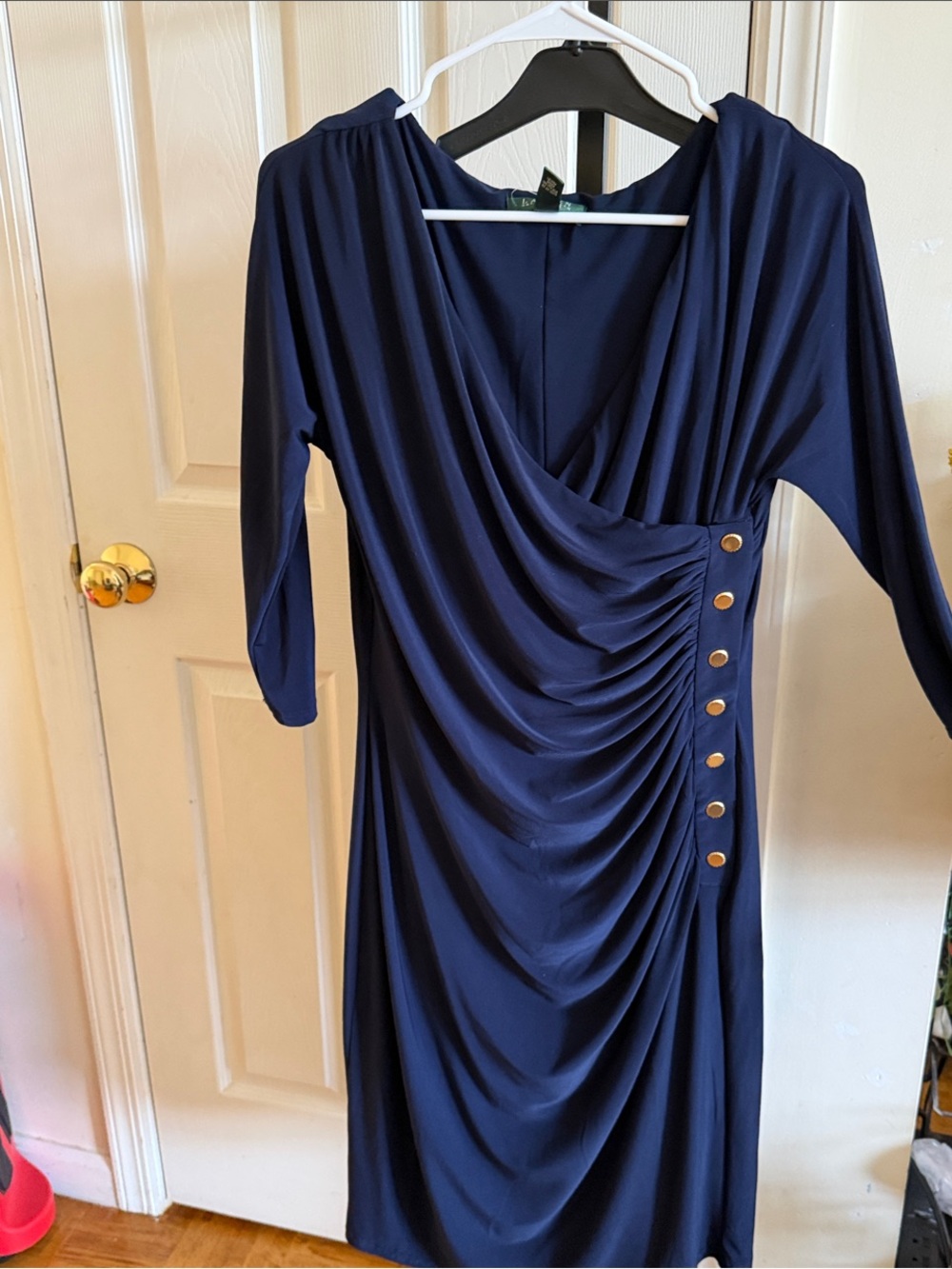 Lauren by Ralph Lauren Haddon Hall Navy Blue Ruched Wrap Dress with Gold Buttons
